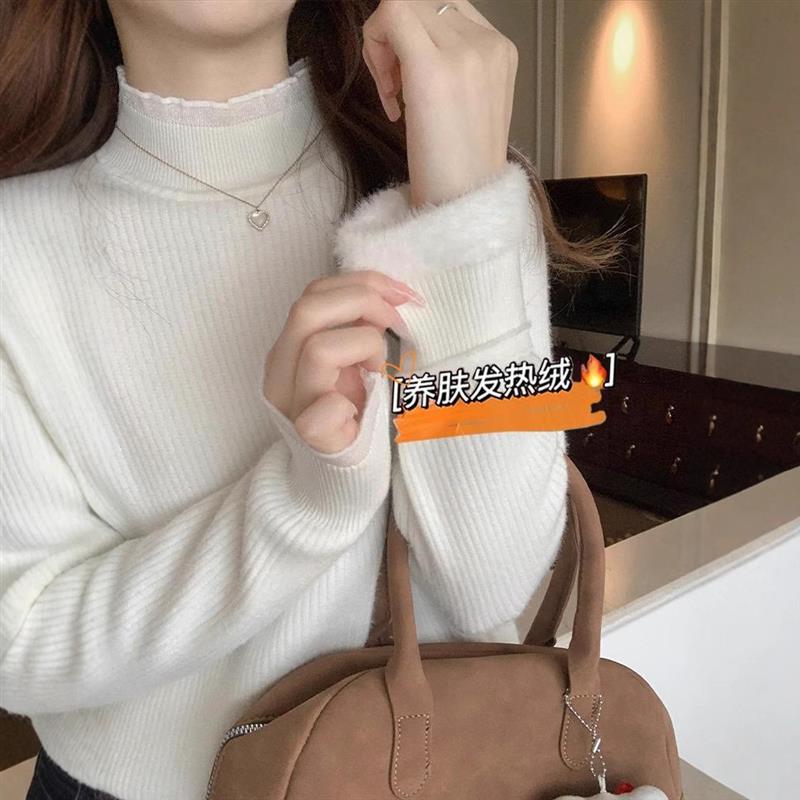 半高领拼接蕾丝花边长袖针织打底衫女秋冬一体绒加厚修身内搭上衣