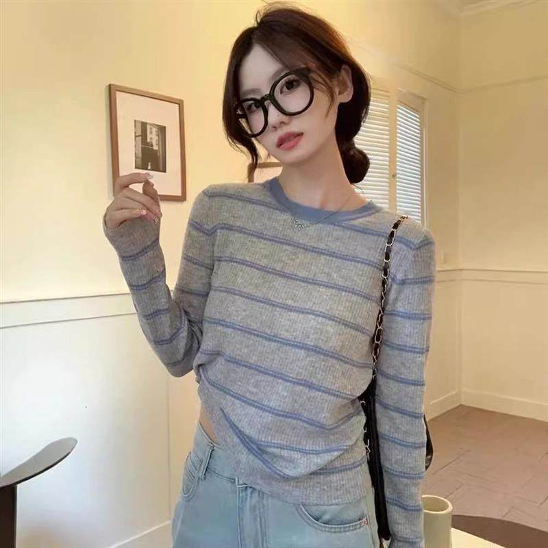 韩系撞色圆领针织衫春秋款女内搭打底衫2025早秋新款慵懒长袖上衣