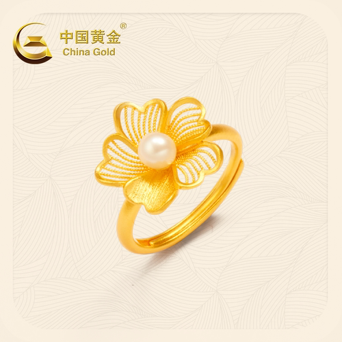 中国黄金戒指黄金2025新款富贵花珍珠戒指可调节足金999节日礼物