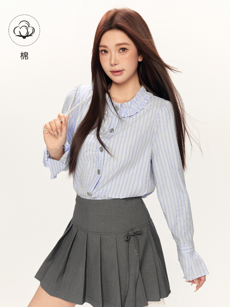GW大码女装蓝色条纹衬衫女上衣2025秋季新款微胖mm高级感轻奢减龄
