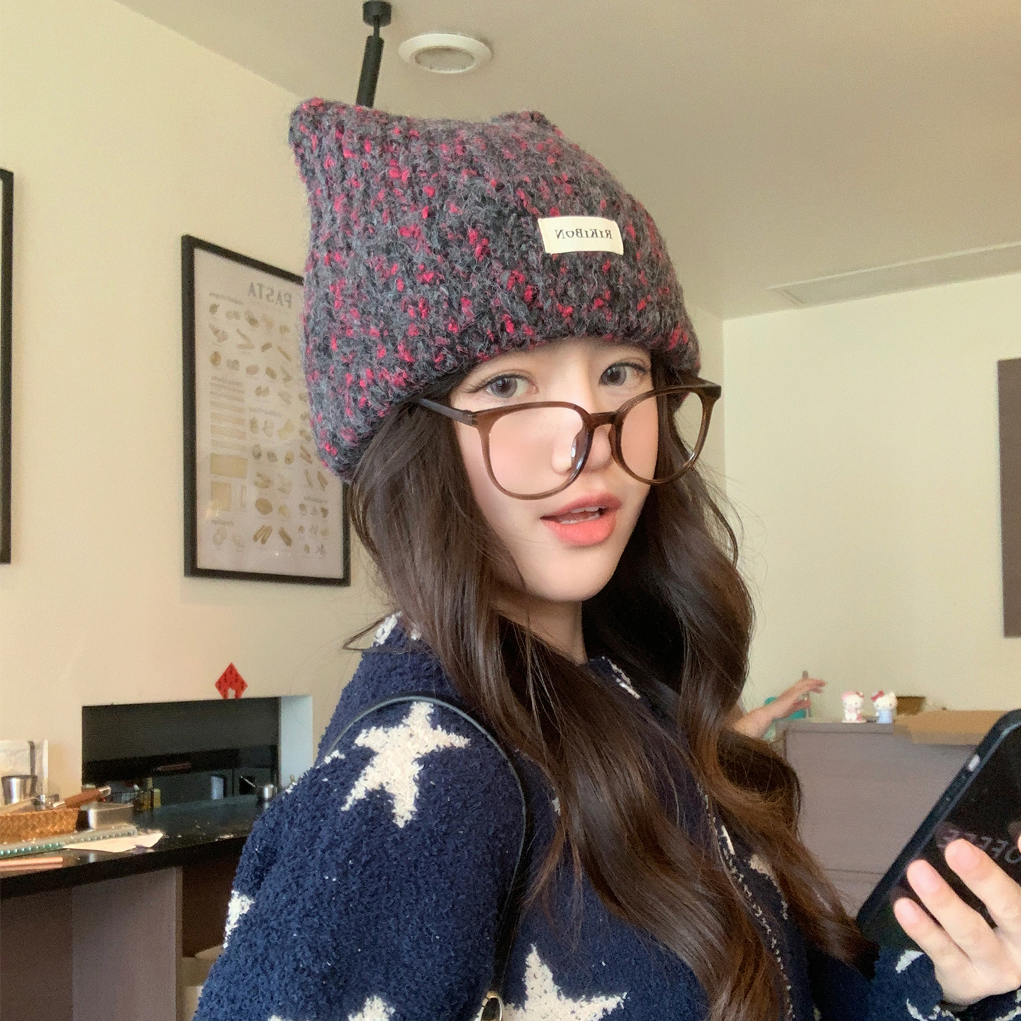 2025新款可爱猫耳朵字母针织帽