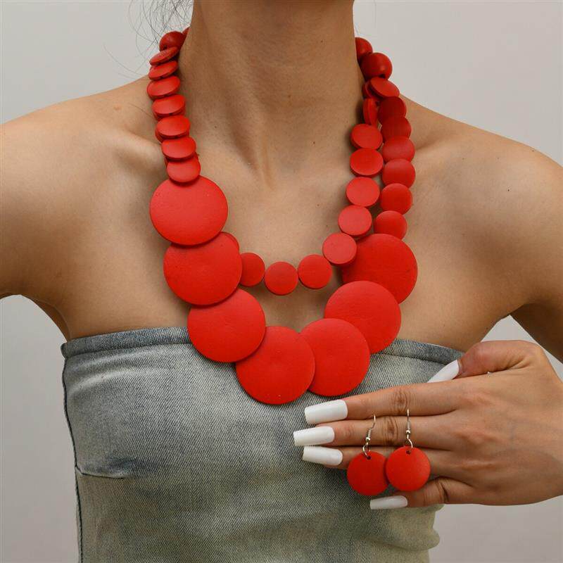 2025几何大小木片串珠多层毛衣链波西米亚民族风非洲项链Necklace