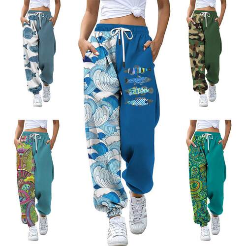 Womens digital printing sports stitching sweater pants