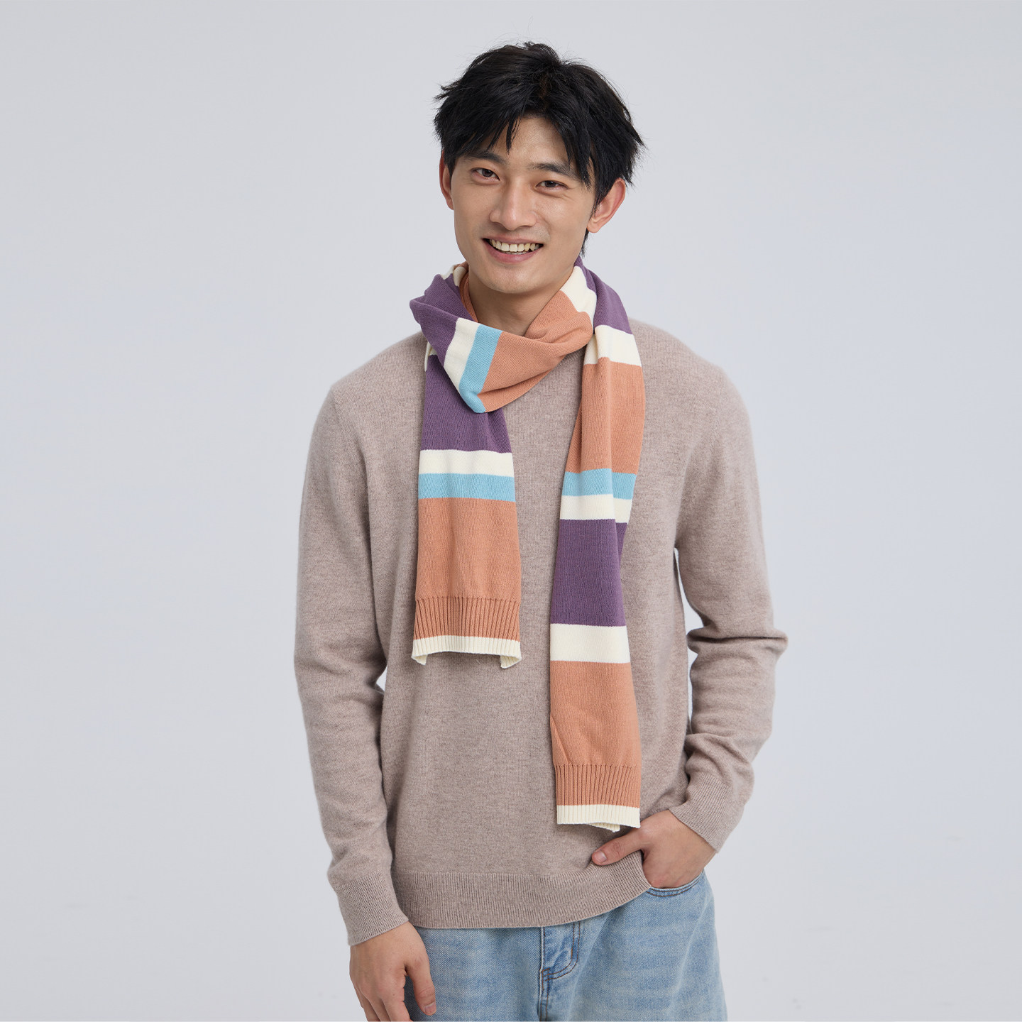 无色无味【童梦如旧】男士条纹撞色围巾2025新款编织复古棉围脖女