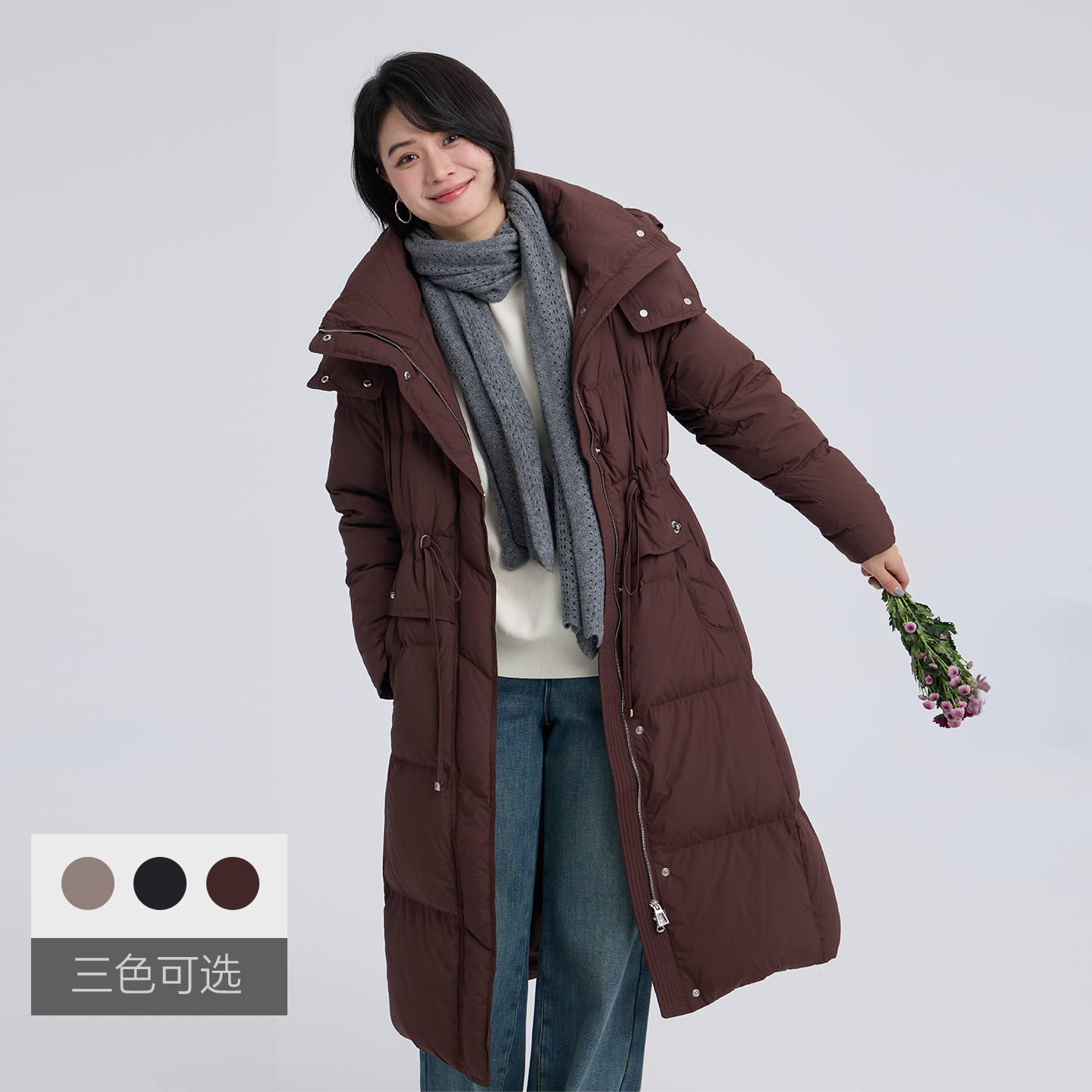 无色无味复古长款加厚格子羽绒服