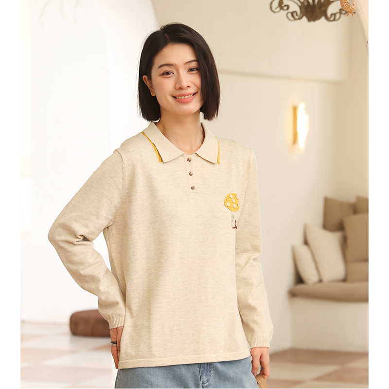 无色无味童趣刺绣polo领套头毛衫
