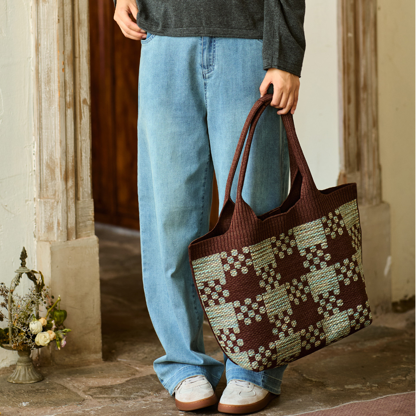 无色无味肌理感编织包女2025新款针织大容量单肩格纹撞色通勤包包,箱包皮具/热销女包/男包,编织包,淘宝优惠券,粉丝福利购,淘宝优惠卷