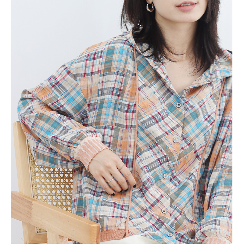 无色无味全棉格子连帽衬衫外套女