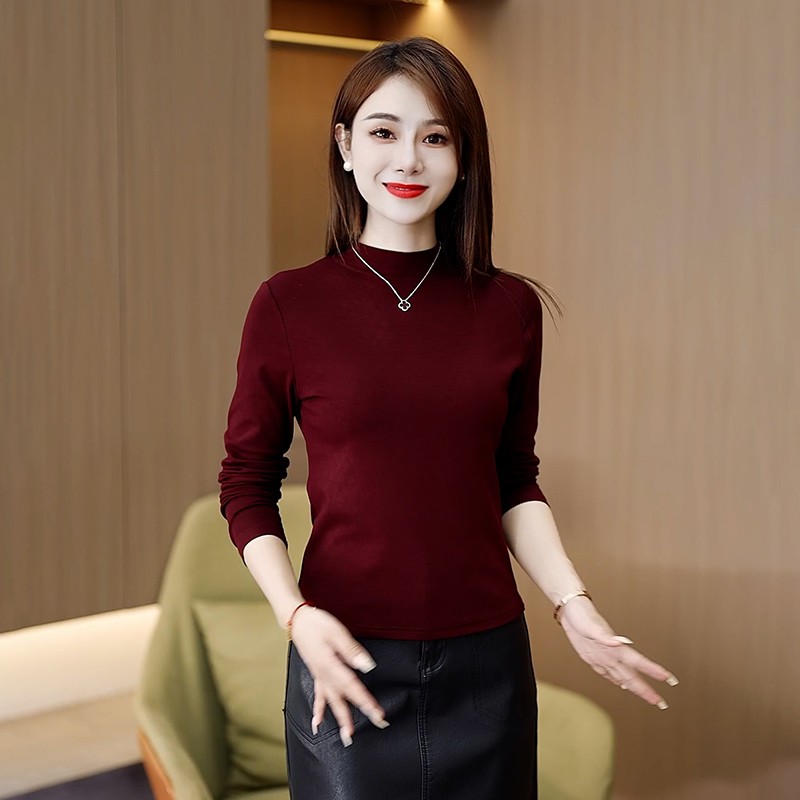 露希服饰半高领打底衫女修身秋冬内搭女士白色显瘦长袖上衣纯色