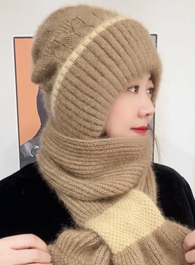 小妹围巾反季冬季加绒加厚一体帽子保暖帽子网红针织百搭包头帽女