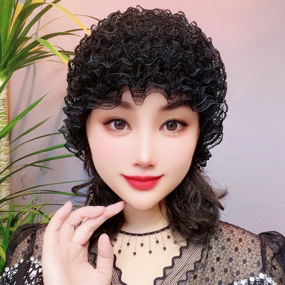 娜娜家遮盖白发包头帽加绒女士蕾丝花边网纱帽四季通用针织镂空女