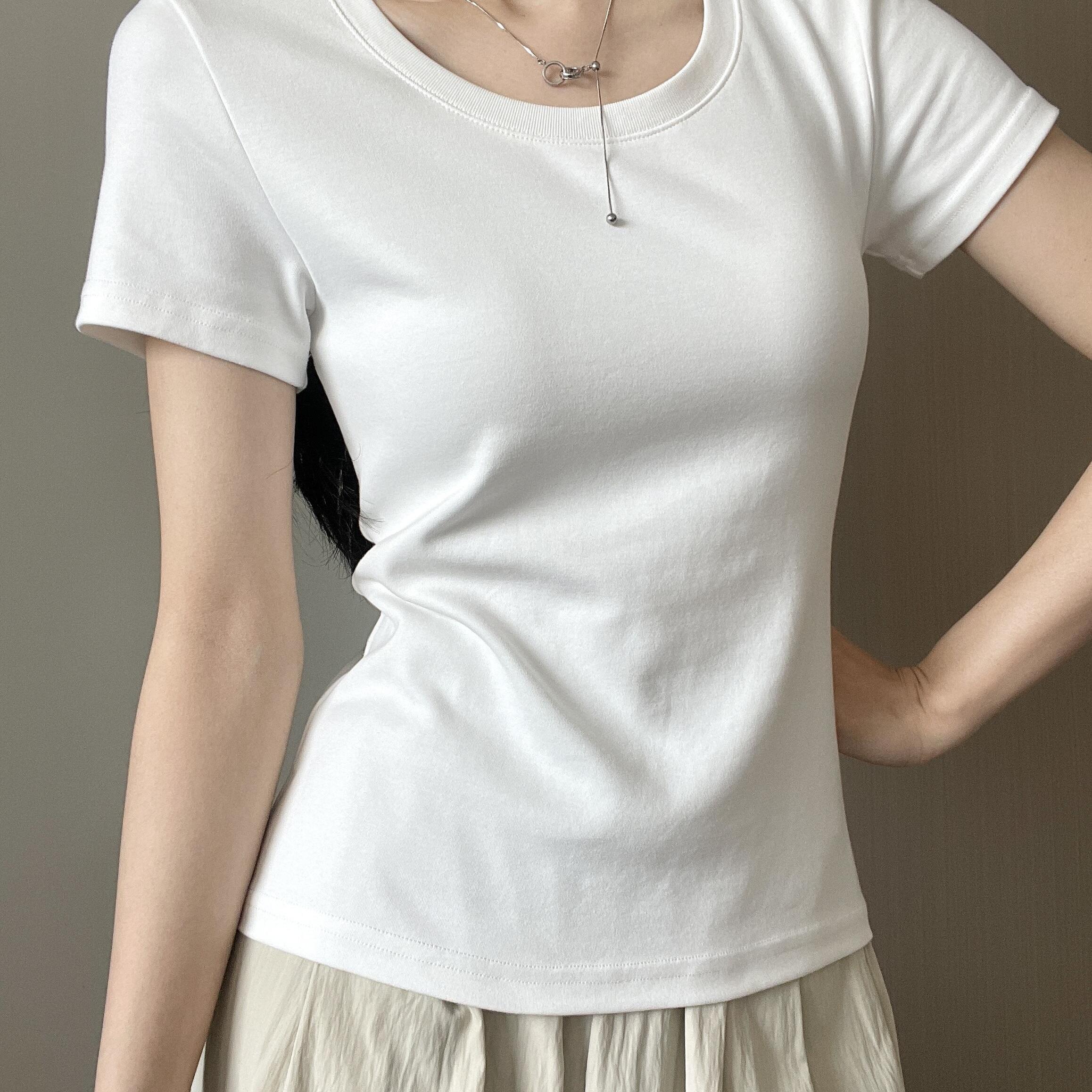 2025夏季新款正肩修身显瘦U领棉T恤女休闲百搭白色圆领短袖上衣女