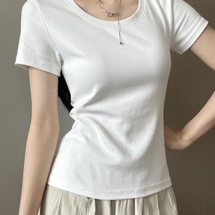 上衣女 2025夏季 新款 正肩修身 显瘦U领棉T恤女休闲百搭白色圆领短袖