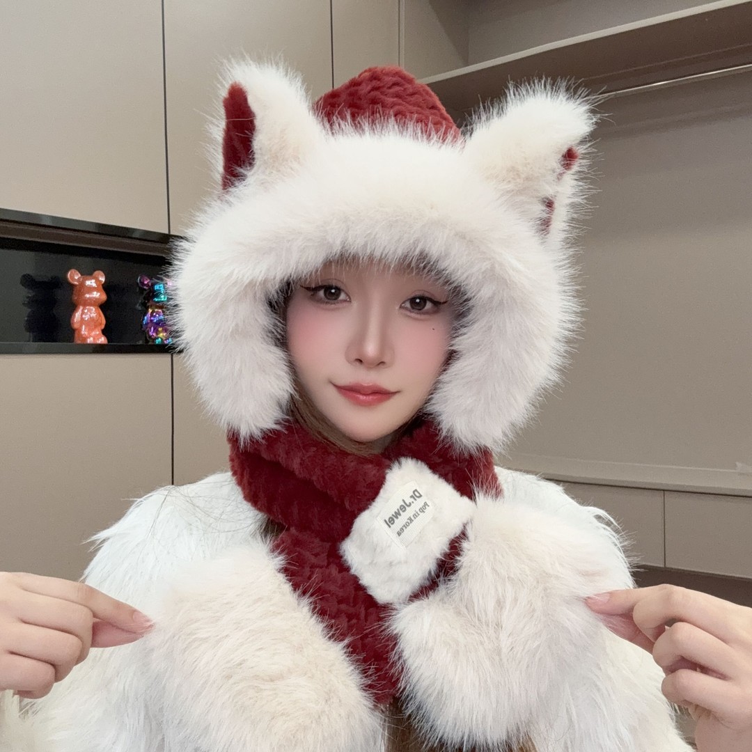 暖洋洋帽饰可爱毛茸茸狐狸耳朵帽子围巾一体女冬围脖连帽学生骑车