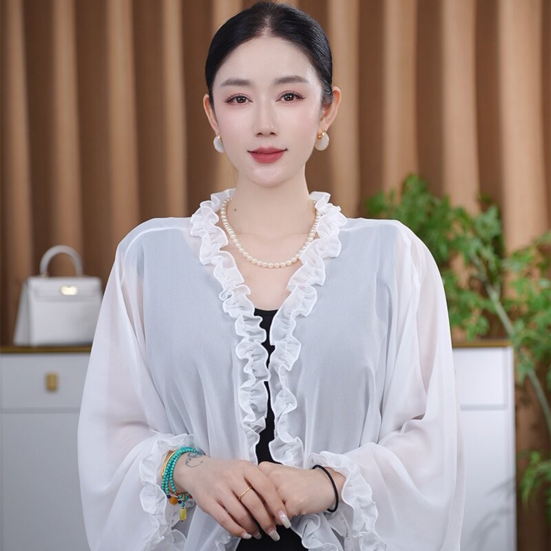 黄+白【服饰丝巾】木耳边雪纺开衫女夏季薄款度假披肩时尚坎肩女