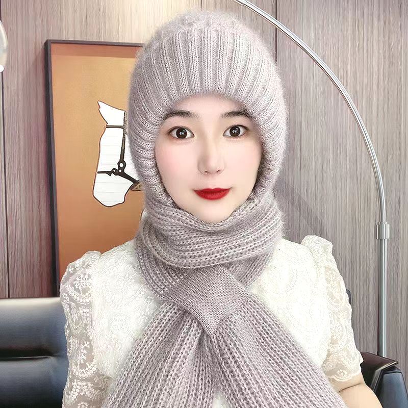 鑫源优选工厂店帽子女秋冬季松鼠绒帽子围巾一体风雪帽加绒毛线帽