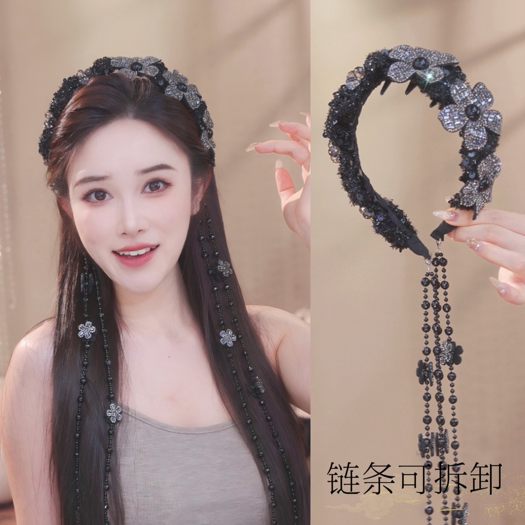 叁娘轻奢饰品璀璨发箍流苏可拆卸休闲风原创设计增高颅顶发箍3228