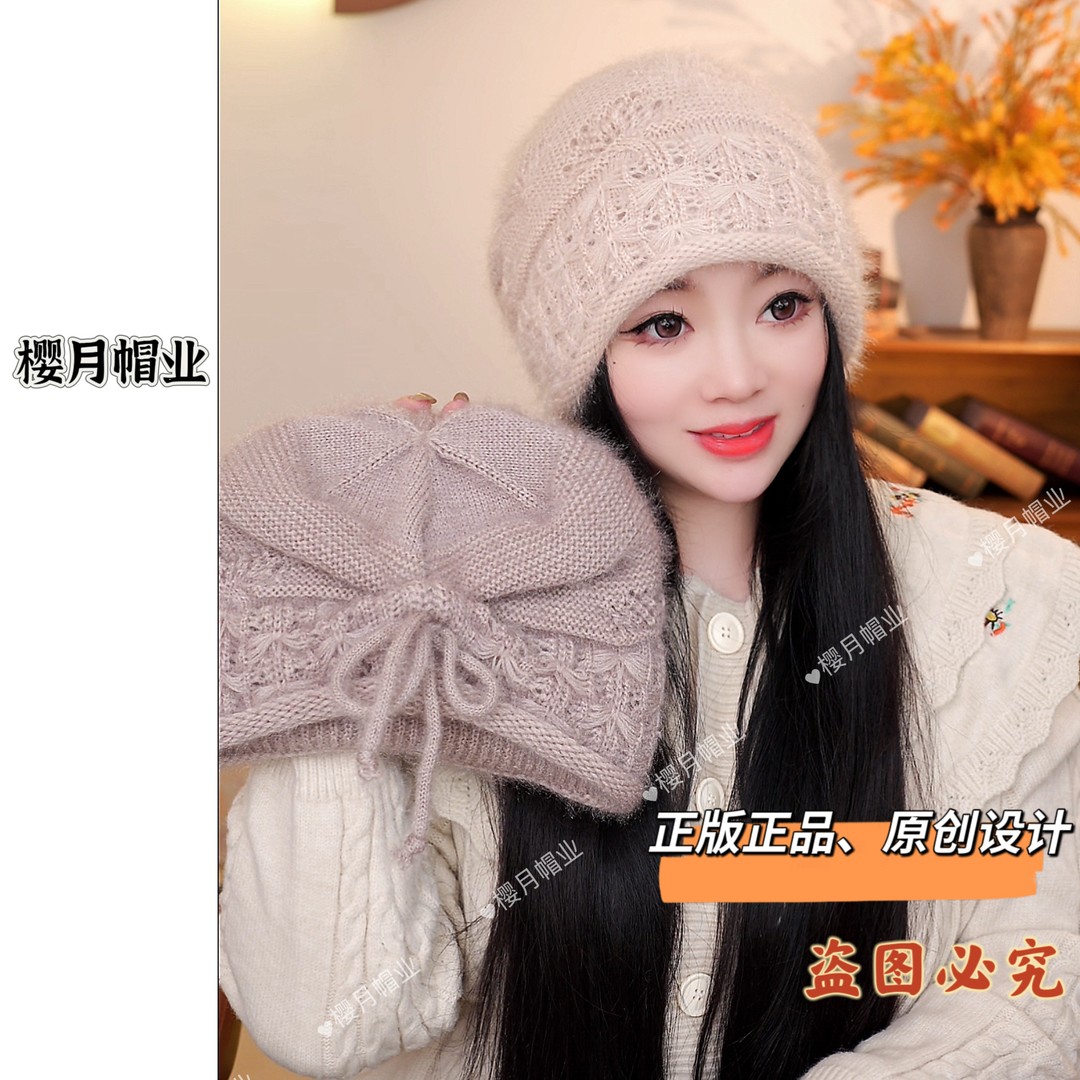 樱月帽业蝴蝶发带款抽绳堆堆帽新款双层松鼠绒名族风护耳堆堆帽女