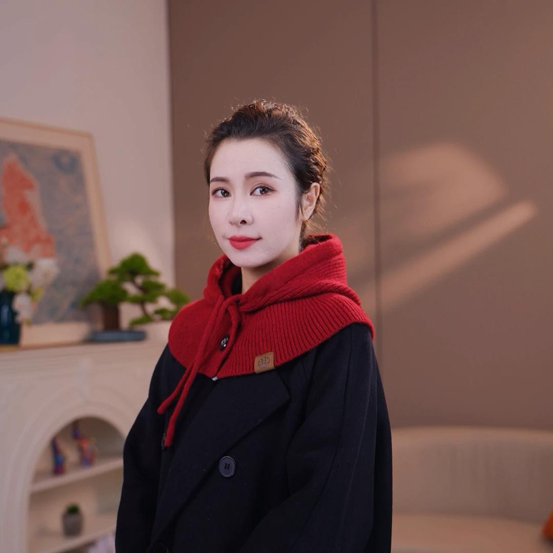 微微围巾带扣绵羊毛纯色毛线帽子围脖一体女秋冬加厚针织连帽围巾
