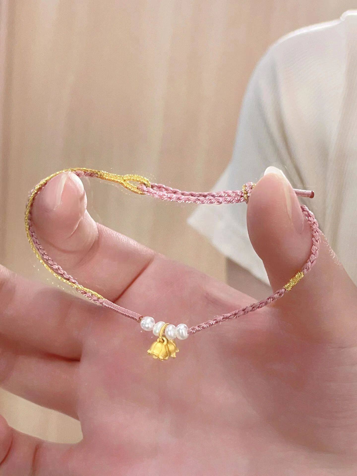 古法金铃兰花朵珍珠手绳女