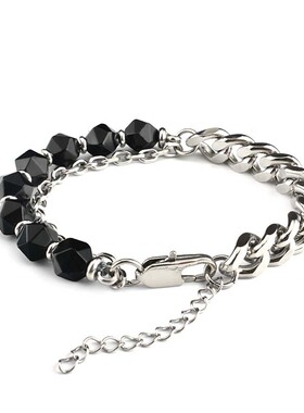不锈钢切面黑玛瑙手链男士饰品
