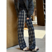 女秋冬2025新款 加绒加厚垂感休闲直筒裤 窄版 毛呢格子裤 显瘦阔腿裤