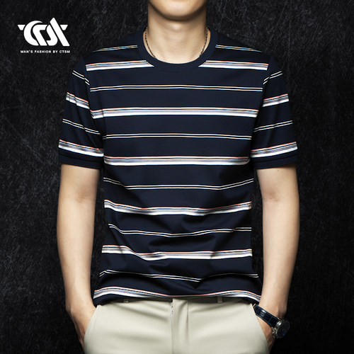 CTSM夏季男士圆领短袖T恤条纹丝光棉冰丝半袖体恤2025男装新款潮