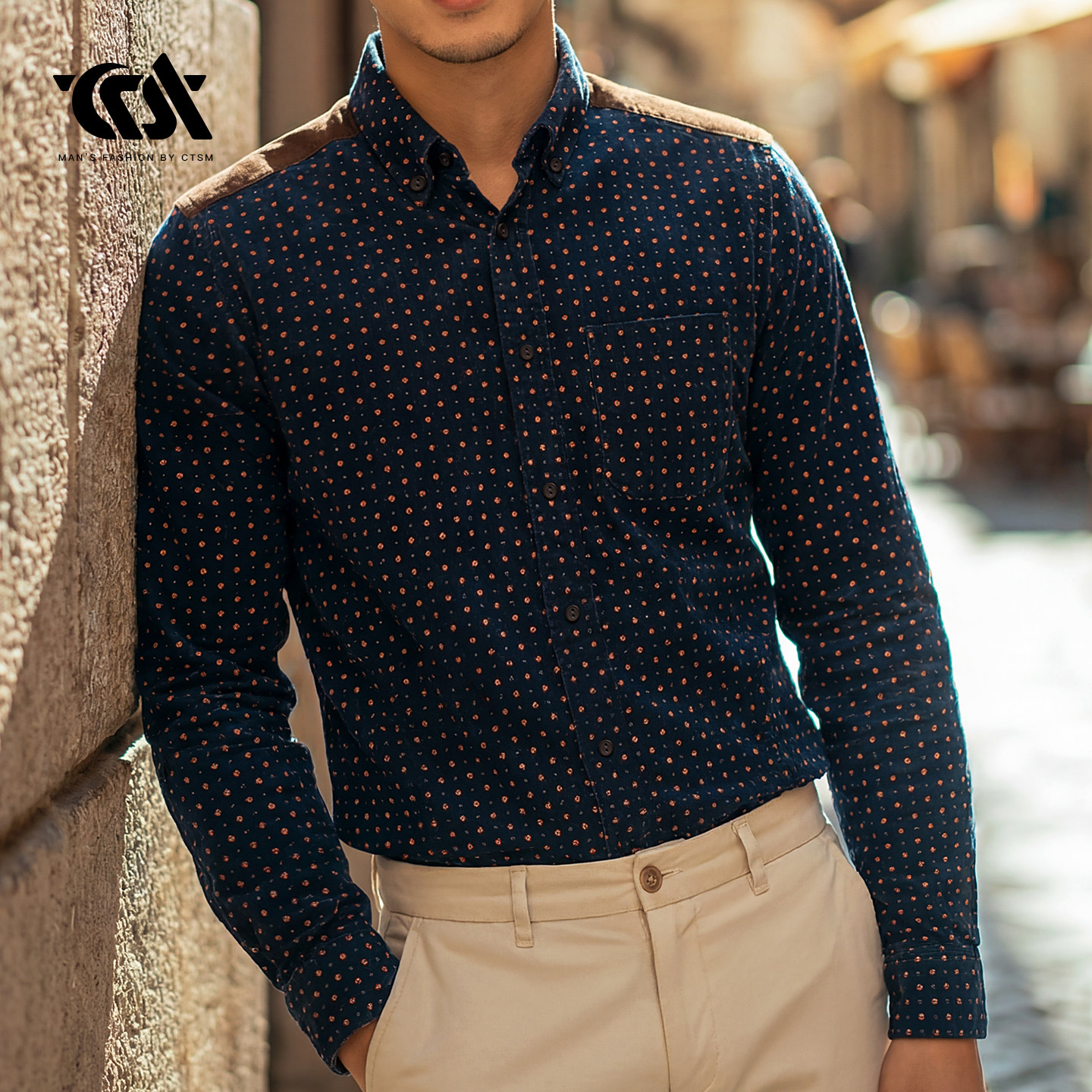 春秋季男士韩版男士波点灯芯绒长袖衬衫修身休闲加绒衬衣男装新款