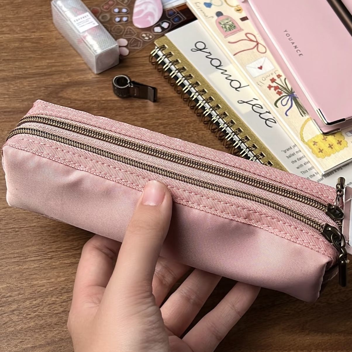 复古莓粉双拉链牛津布笔袋ins高颜值韩系简约学生铅笔盒文具收纳