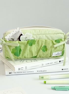 绿色波点花朵蝴蝶结笔袋大容量高颜值ins拉链收纳包少女文具袋