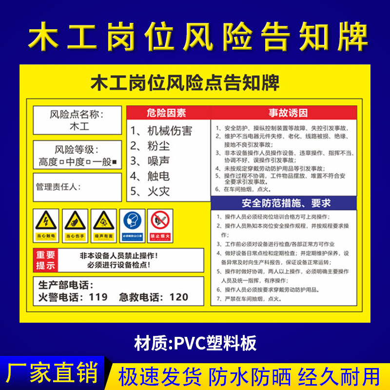 木工车间岗位安全风险点危险源告知牌 工厂企业车间工地场所电力消防