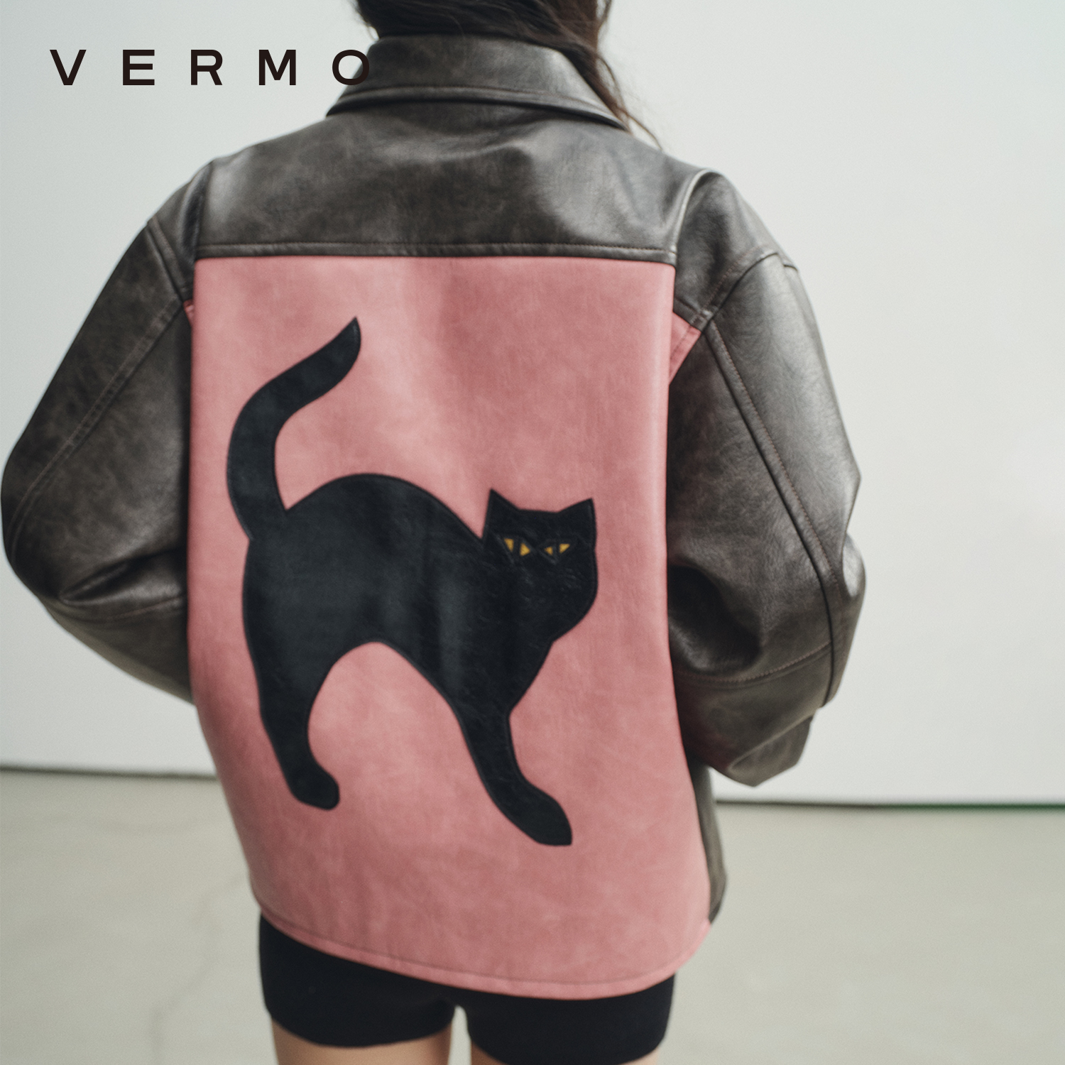 VERMO炸毛小猫皮衣夹克