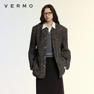 男女同款 VERMO 复古宽肩粗花呢夹克 古着 漆扣粗编外套 外婆