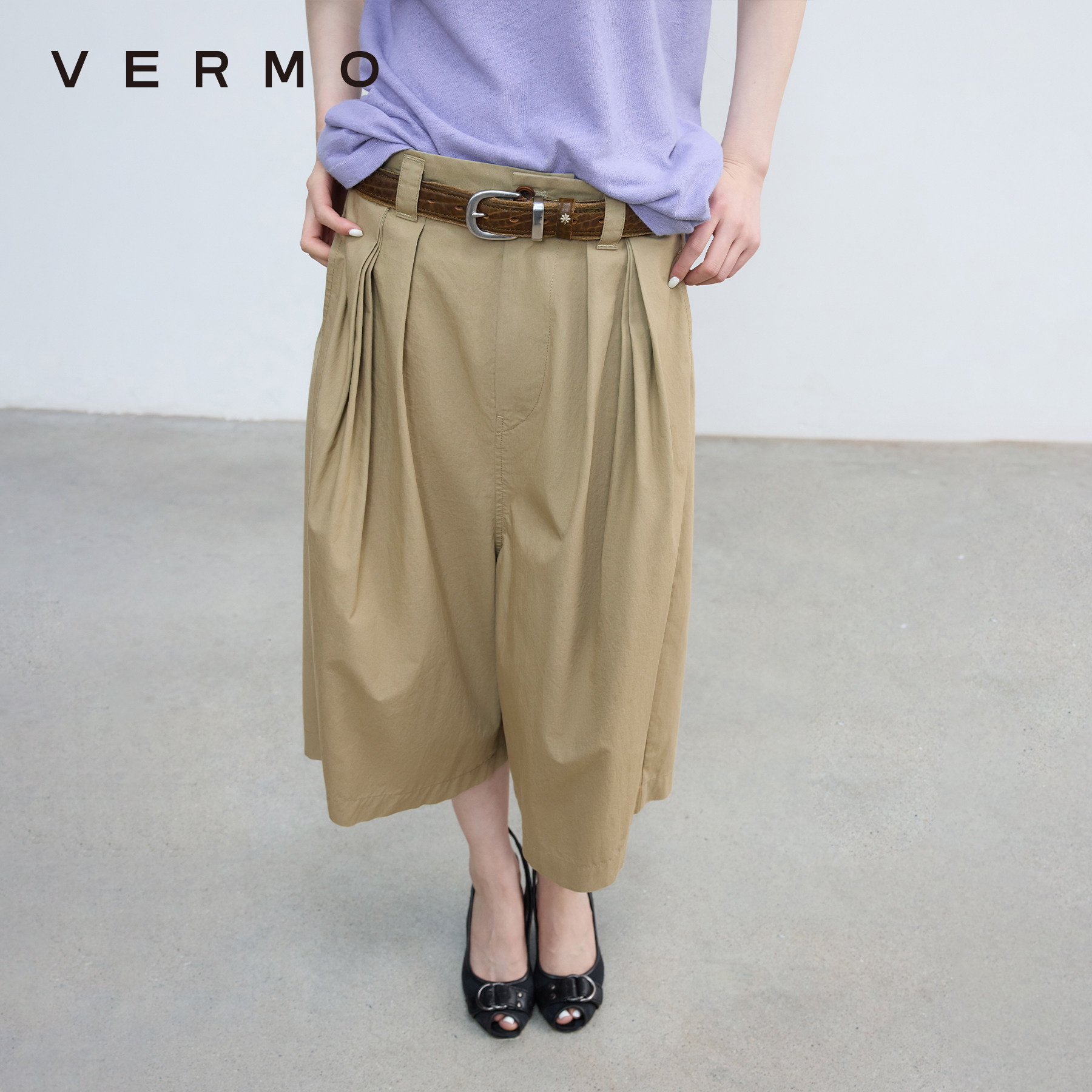VERMO 包容舒适 骨感挺括立体剪裁层次叠褶长绒棉七分阔腿裤