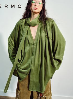 VERMO 复古别致色彩 雾面光泽垂坠铜氨丝 V领飘带宽松A型长袖衬衫