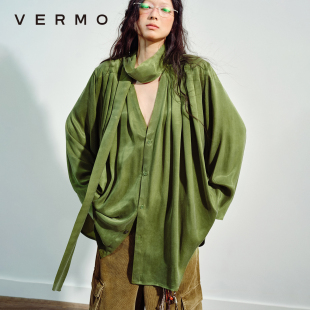 衬衫 VERMO V领飘带宽松A型长袖 雾面光泽垂坠铜氨丝 复古别致色彩