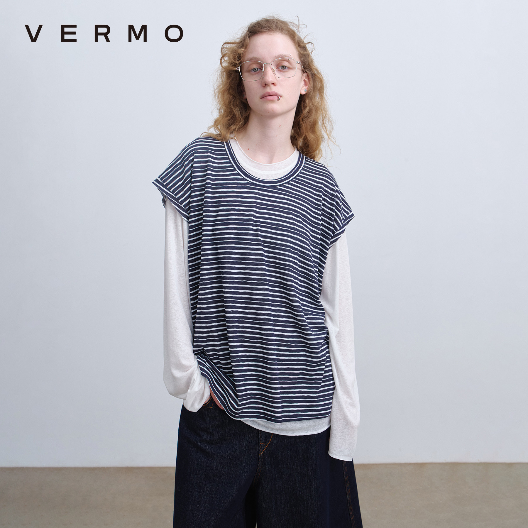 VERMO 适意日常 通透叠穿 复古未完成毛边天丝亚麻叠穿两件套T恤
