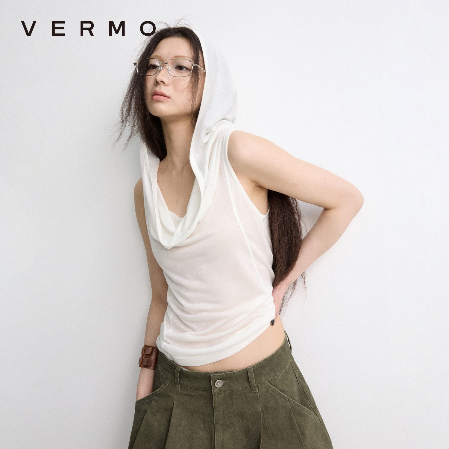 VERMO 多种穿法 舒适轻薄透气 天丝羊毛连帽自然堆叠荡领无袖背心
