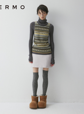 VERMO 亲肤不扎高弹羊驼羊毛 拼接费尔岛提花打底针织衫