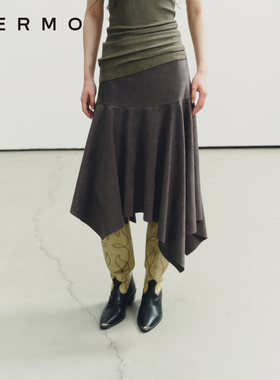 VERMO 复古做旧柔软麂皮绒 不规则斜裁半身裙
