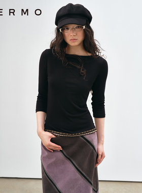 VERMO 复古铆钉标记胯线 舒适天丝羊毛一字领修身七分袖上衣T恤