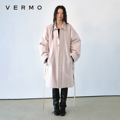 VERMO 解构经典 做旧灰桃粉 内绗白鸭绒轻盈保暖中长款风衣羽绒服