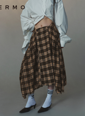 VERMO 非常规立体裁剪 复古冬季氛围格纹羊毛呢长半裙