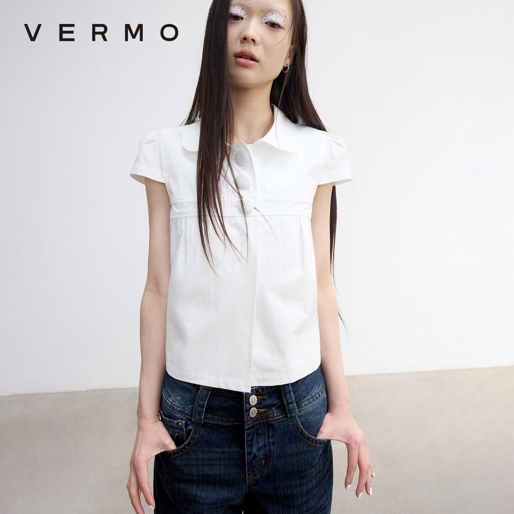 VERMO 夏日写意 复古娃娃领长绒棉短袖衬衫