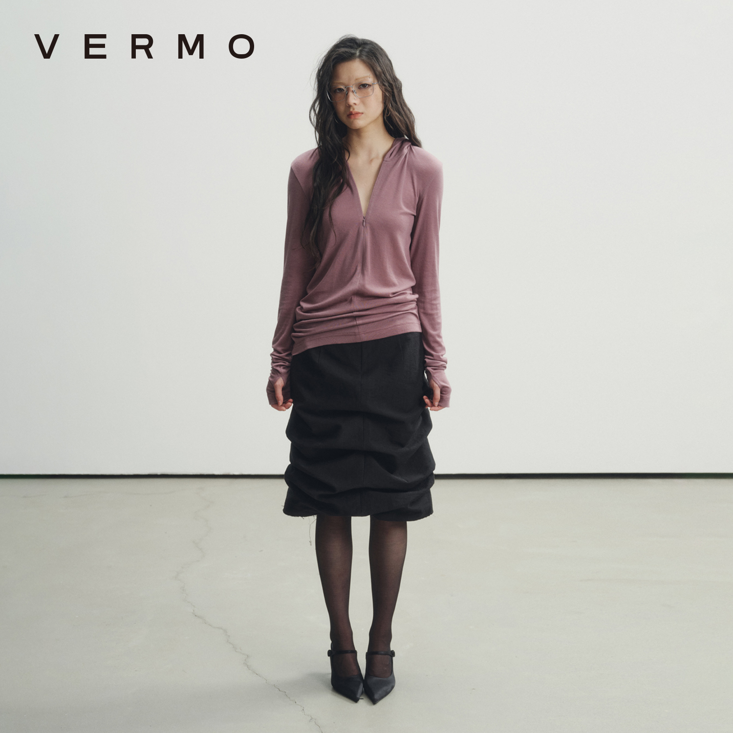 VERMO天丝羊毛连帽打底衫