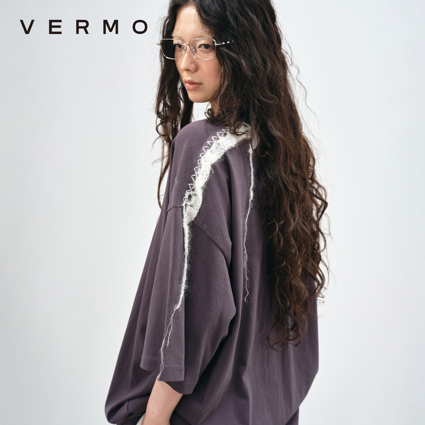 VERMO 美丽酱紫色 手工马海毛流苏钩花 oversize宽松短袖上衣T恤