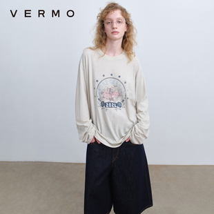 T恤 仿旧复古字母玫瑰印花轻薄全棉休闲长袖 VERMO 舒适破烂