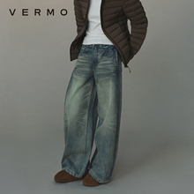 VERMO 解构线条 复古水洗立体猫须褶边宽松阔腿拖地牛仔裤