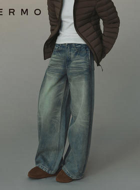 VERMO 解构线条 复古水洗立体猫须褶边宽松阔腿拖地牛仔裤
