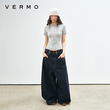 VERMO 明线勾勒复古经典 脚口叠褶宽松香蕉廓形真皮袢牛仔裤